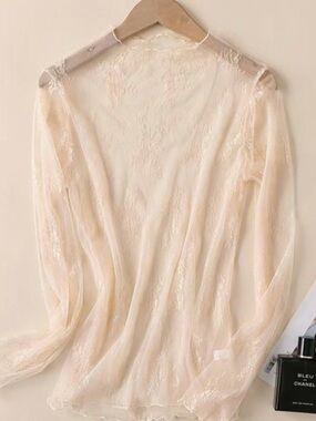 Plus Sheer Lace Long-Sleeve Top in Light Beige